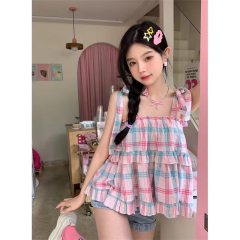 Dopamine girl suspender shirt women's summer new design sweet strappy plaid short top