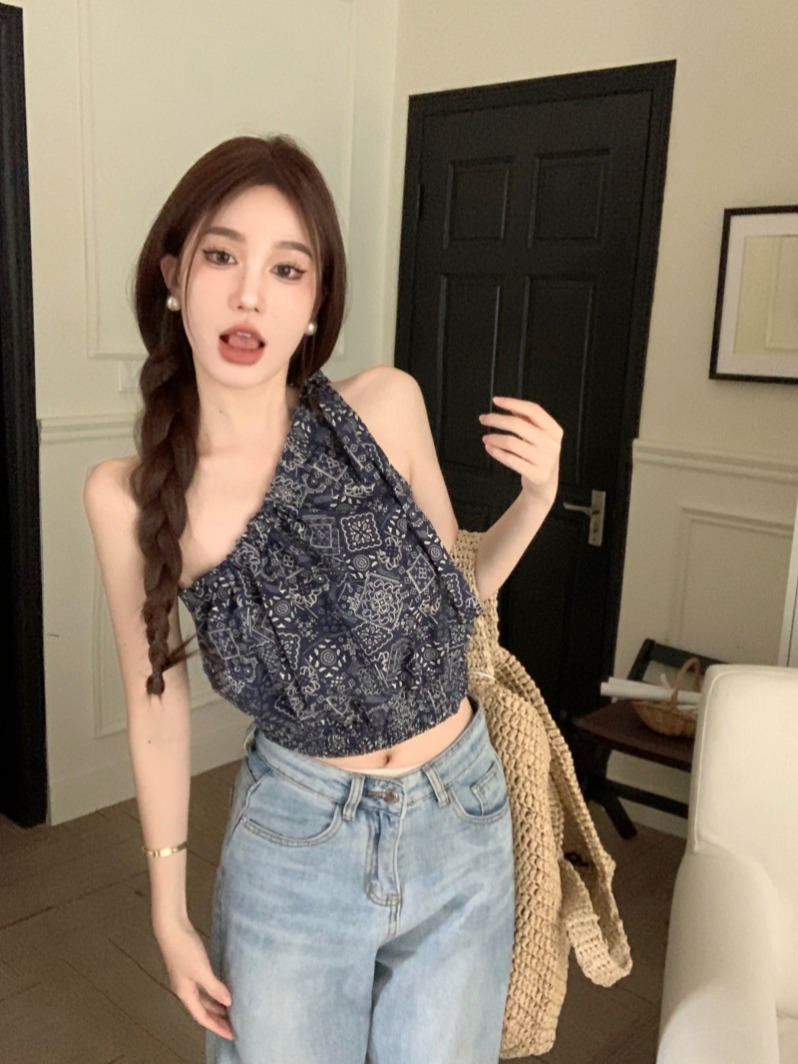 Women's clothing design sense strapped short waist pleated retro temperament hot girl print slant collar off-shoulder vest for women summer