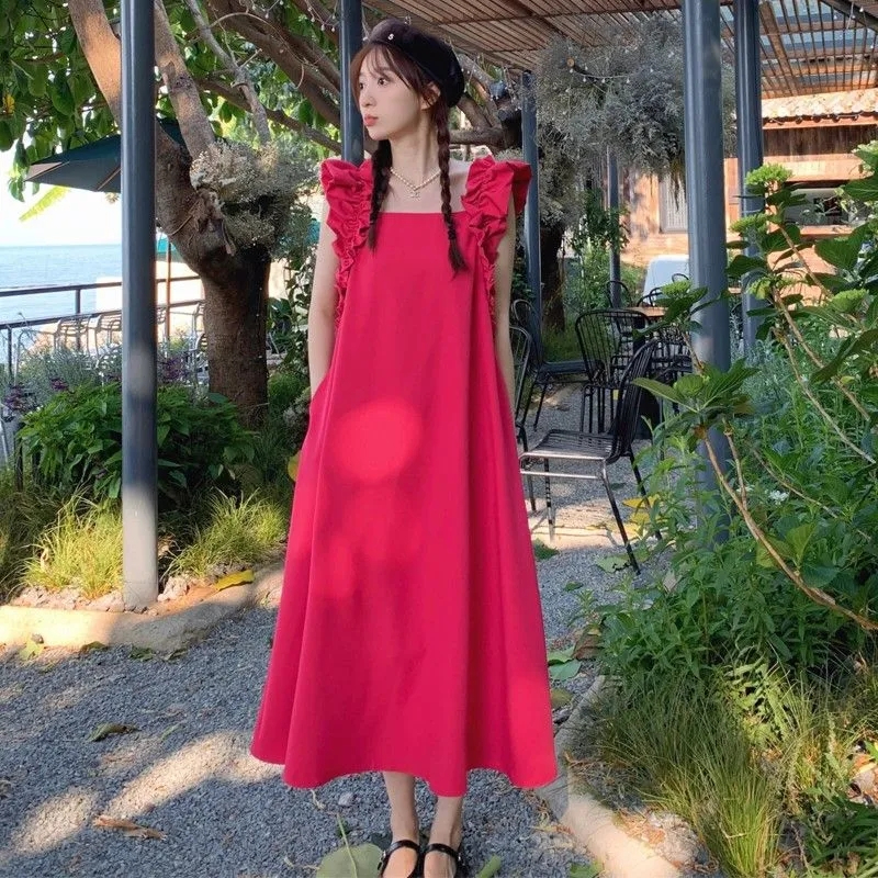 Tea break French retro rose red square collar fungus dress women's niche seaside resort style long skirt