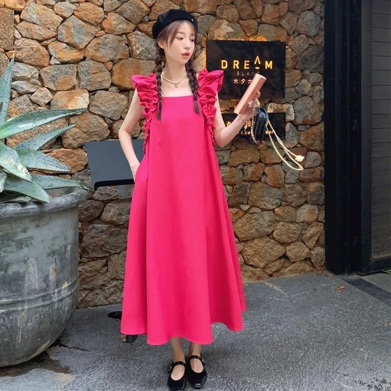 Tea break French retro rose red square collar fungus dress women's niche seaside resort style long skirt