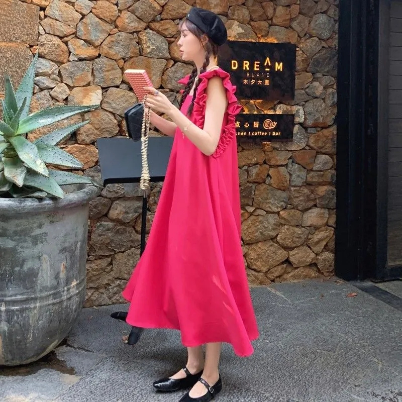 Tea break French retro rose red square collar fungus dress women's niche seaside resort style long skirt