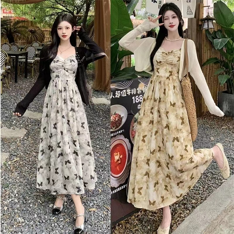 French gentle style dress for women summer plus size fat girl cardigan design printed suspender long skirt