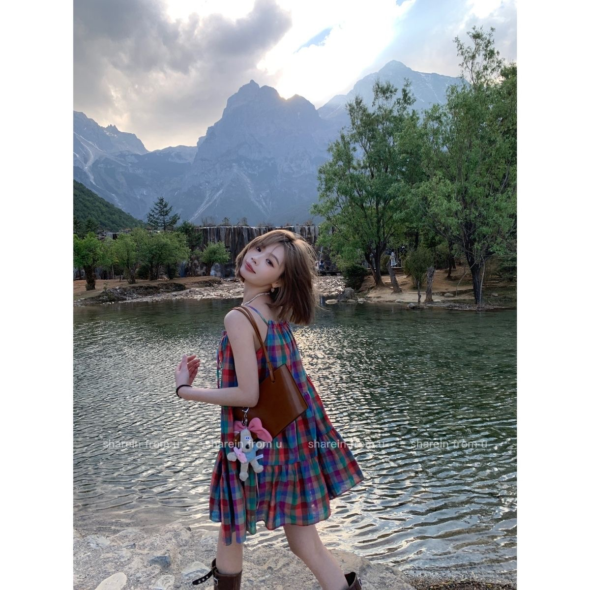 Ins style Korean style rainbow plaid suspender skirt women's summer sweet dopamine loose girl dress