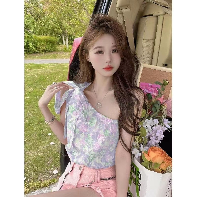 Women's clothing design sense strapped short waist pleated retro temperament hot girl print slant collar off-shoulder vest for women summer