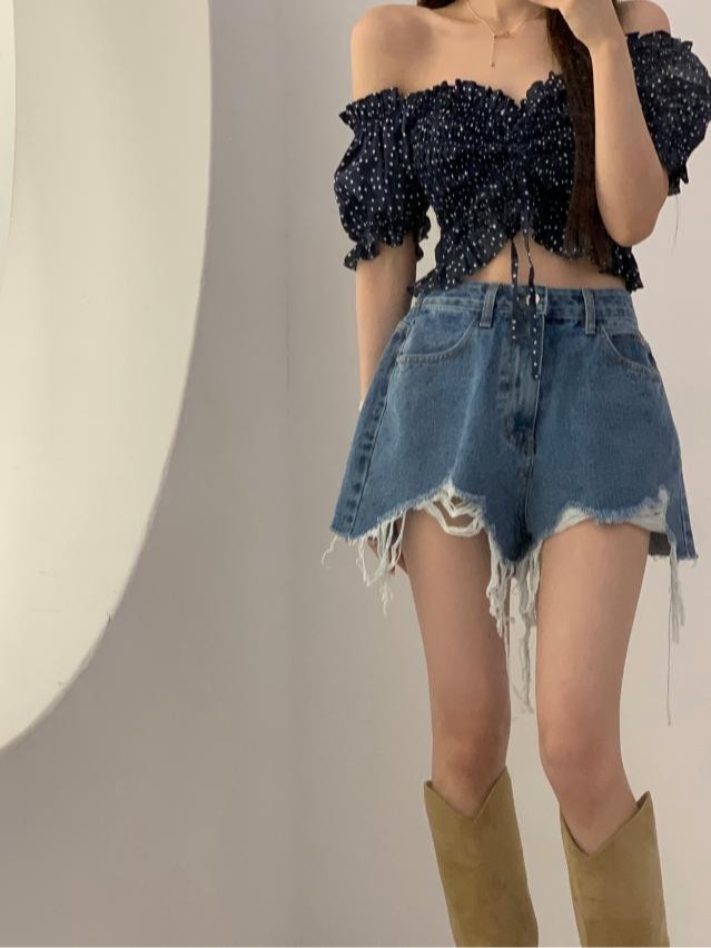 Wide-leg raw edge brushed summer two-color washed denim shorts