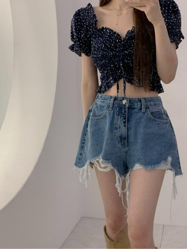 Wide-leg raw edge brushed summer two-color washed denim shorts