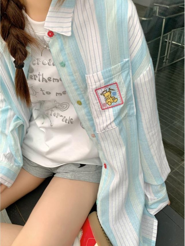 cckok 박하 얼음 블루 질감 세로 줄무늬 셔츠 폴로 칼라 캐주얼 루즈핏 긴팔 셔츠 여성 봄 여름 새로운