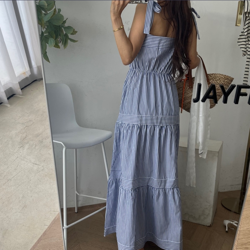 Striped suspender dress loose casual seaside holiday fairy dress