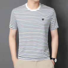 批发夏季新款圆领套头短袖t恤男中年<b class='q'>商务</b>休闲薄款冰丝爸爸装条纹T恤