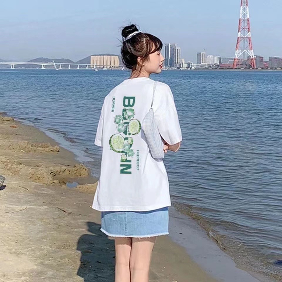 官圖  6535棉 T恤女短袖夏季寬鬆青檸字母百搭上衣