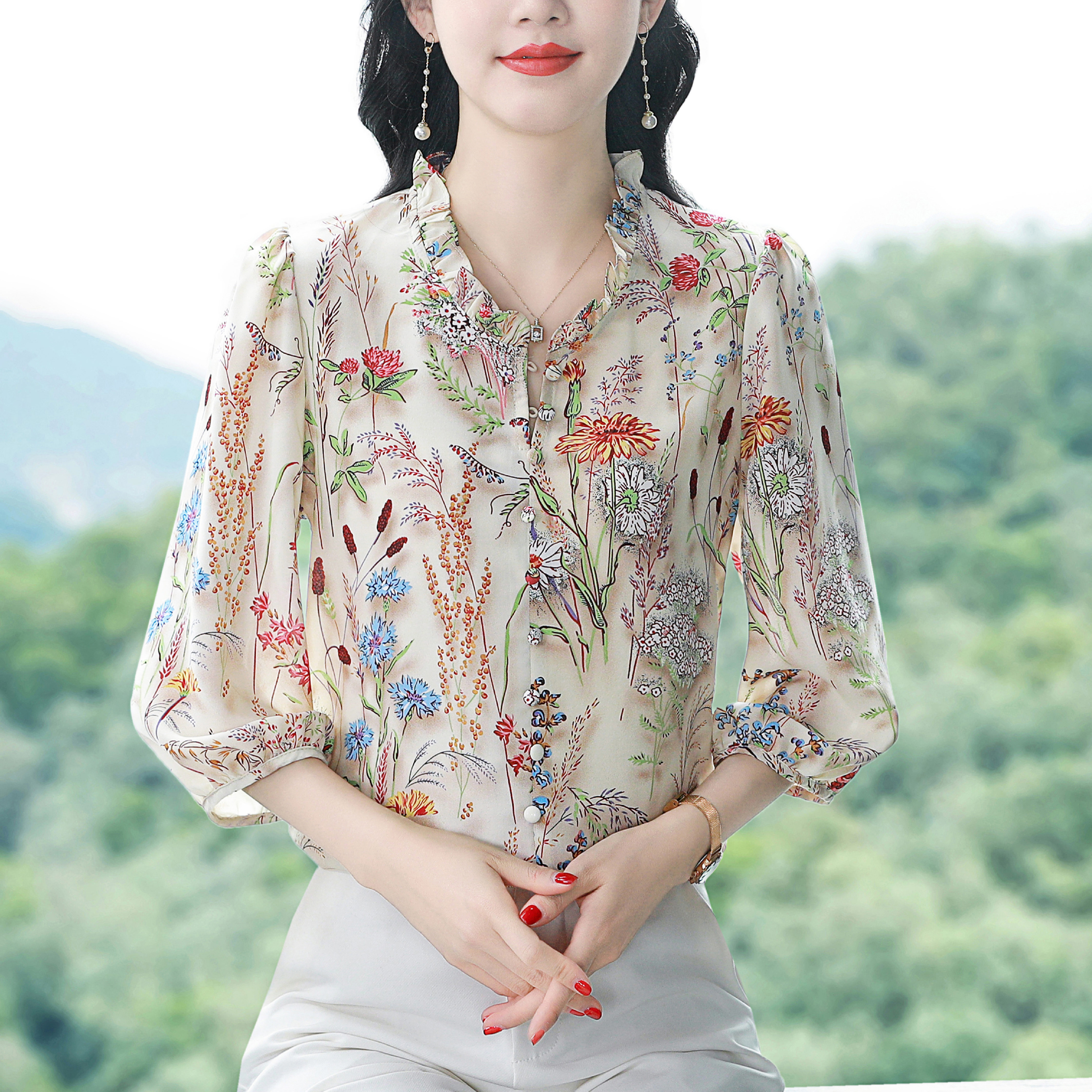 실사 쉬폰 셔츠 새로운 레트로 홍콩 느낌 품격 뽕나무 누에 실크 맨위 여성 다용도 작은 셔츠 루즈핏 표지 배