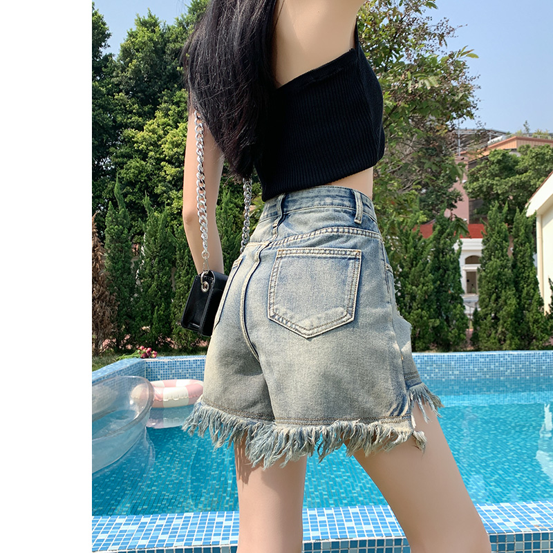 Blue raw edge ripped denim shorts for women 2024 summer new high-waist slimming a-line wide-leg hot pants