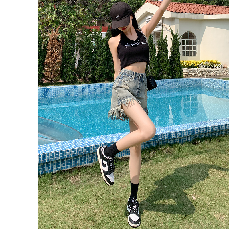 Blue raw edge ripped denim shorts for women 2024 summer new high-waist slimming a-line wide-leg hot pants