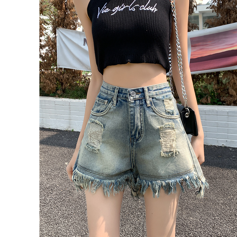 Blue raw edge ripped denim shorts for women 2024 summer new high-waist slimming a-line wide-leg hot pants