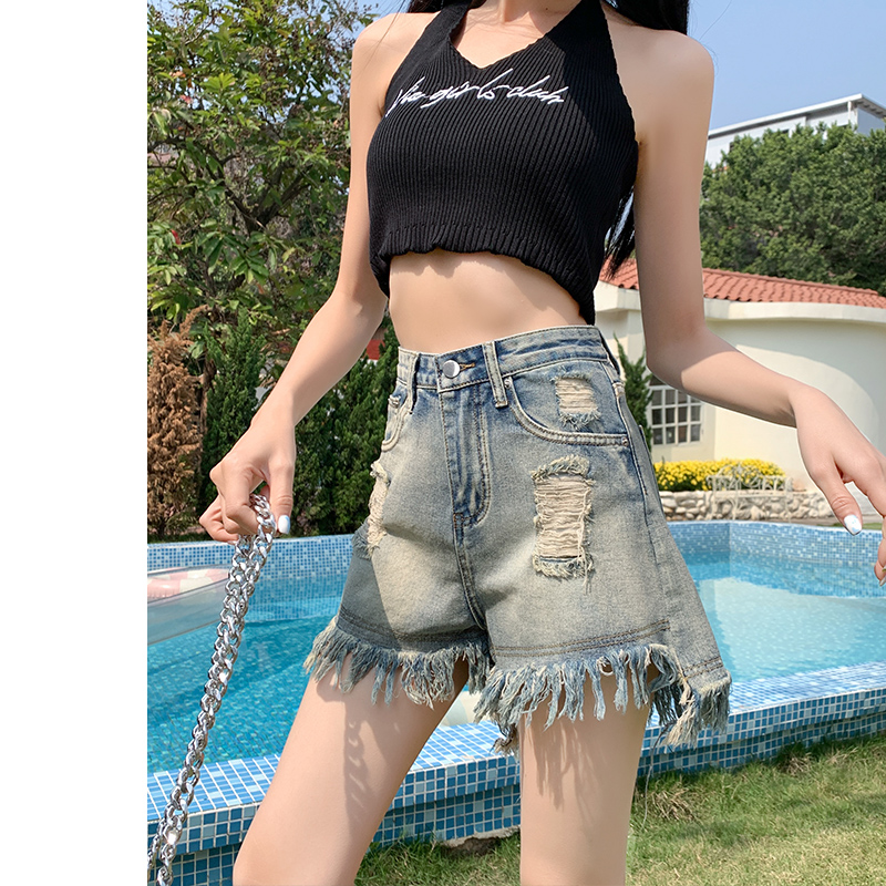 Blue raw edge ripped denim shorts for women 2024 summer new high-waist slimming a-line wide-leg hot pants