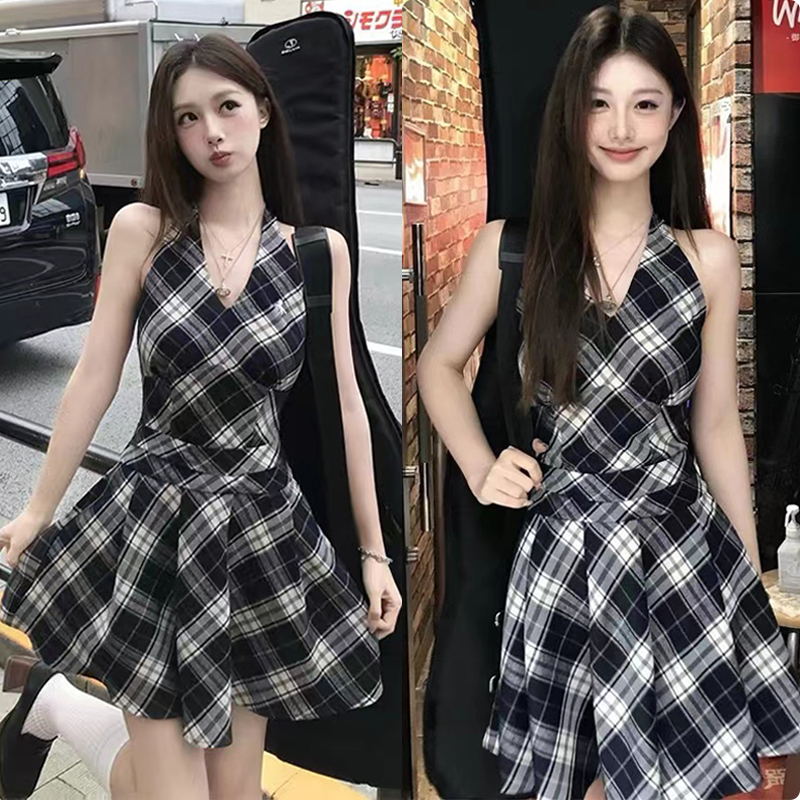 Showa Girls Hot Girls Plaid Bow Sleeveless A-Line Tank Top