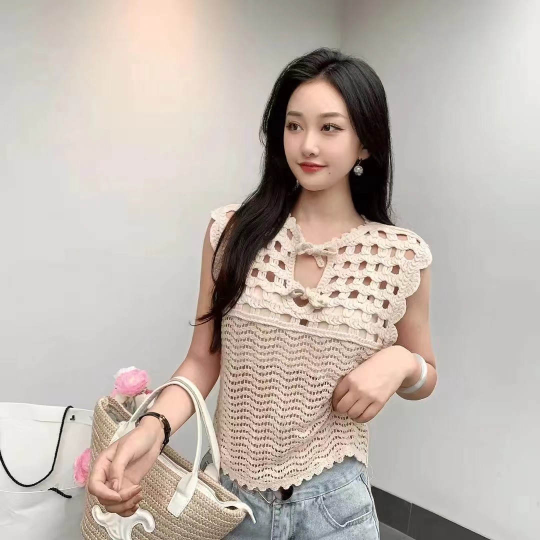 Sweet holiday style woven crochet French lace-up vest top for women summer forest style sleeveless hollow layered blouse