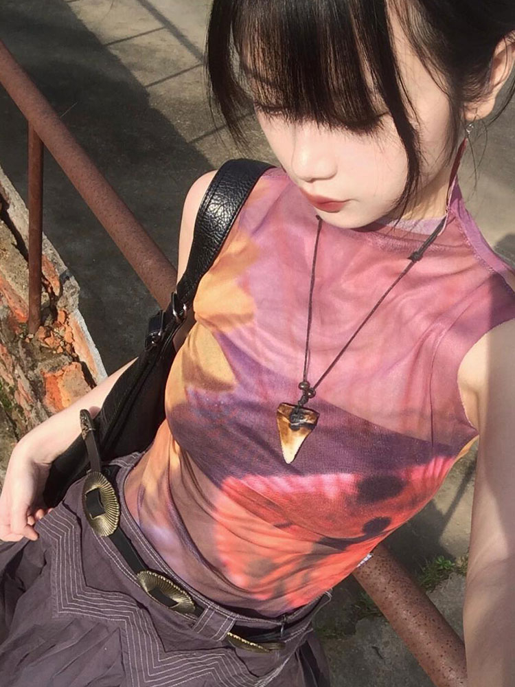 Hot girl half turtleneck printed mesh vest for women summer