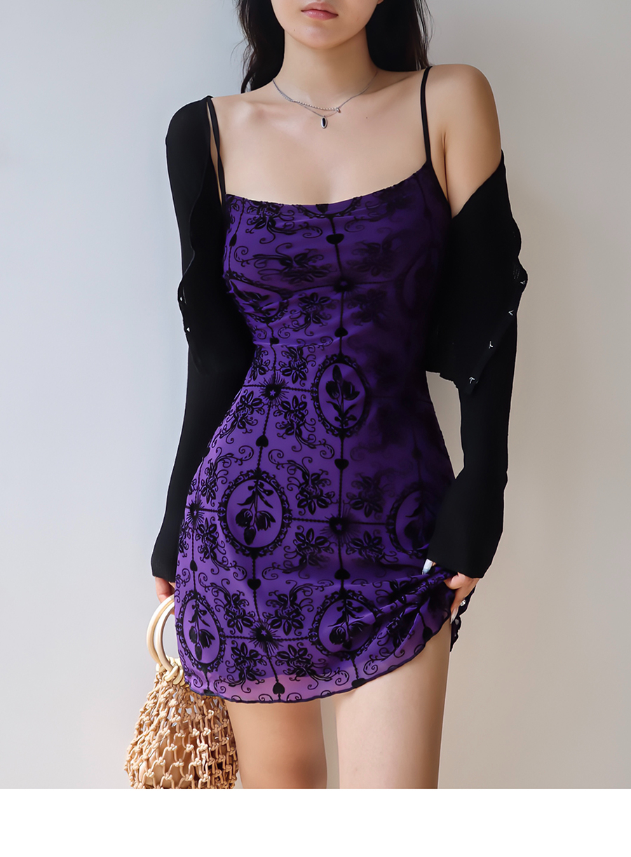French retro girly elastic mesh sexy purple printed suspender skirt