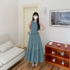 批发实拍 韩版蓝色木耳边<b class='q'>牛仔</b>两件套装女无袖<b class='q'>马甲</b><b class='q'>背心</b>半身裙套装