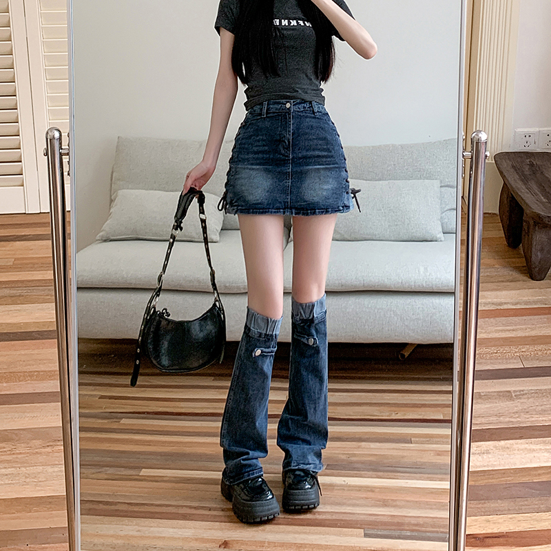 Real shot ~ hot girl denim skirt + leg warmers female niche retro strap high waist A-line skirt hip-covering short skirt