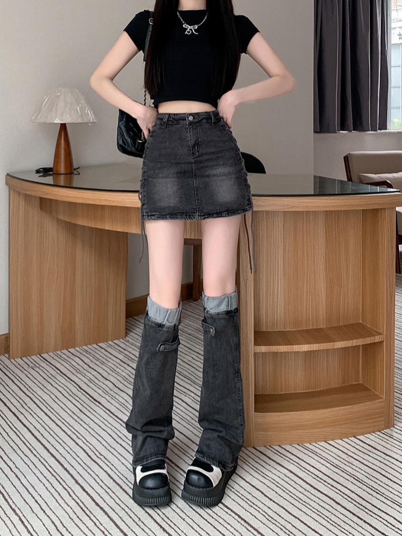 Real shot ~ hot girl denim skirt + leg warmers female niche retro strap high waist A-line skirt hip-covering short skirt