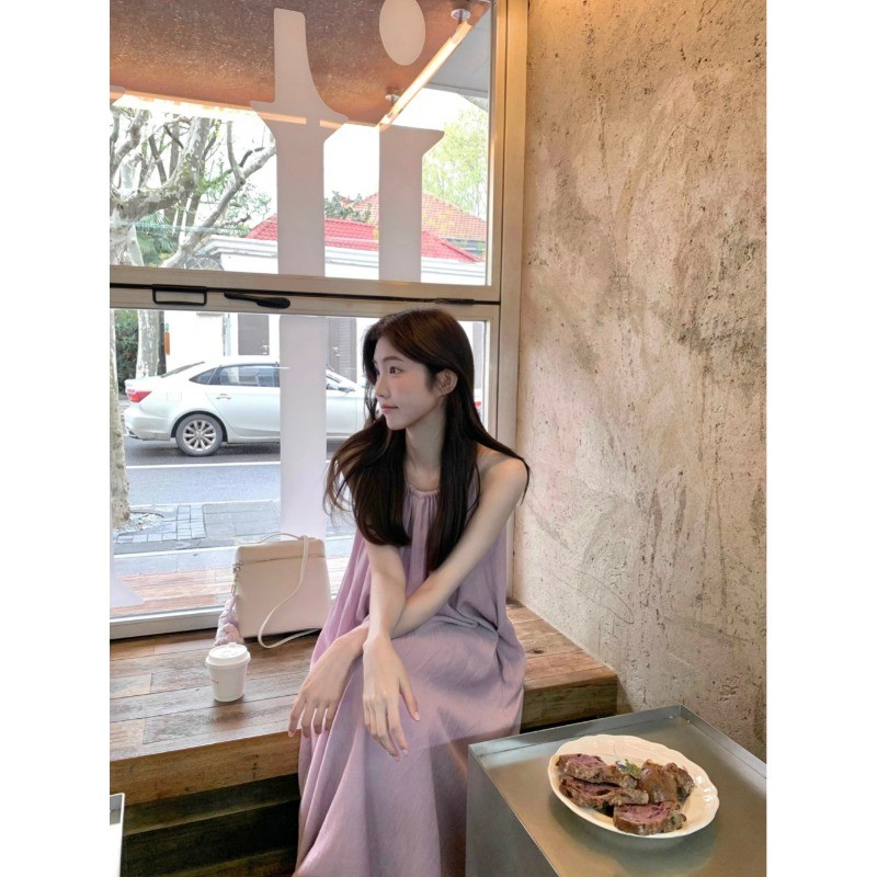 French first love gentle purple halterneck suspender dress summer women's holiday style loose slimming A-line long skirt