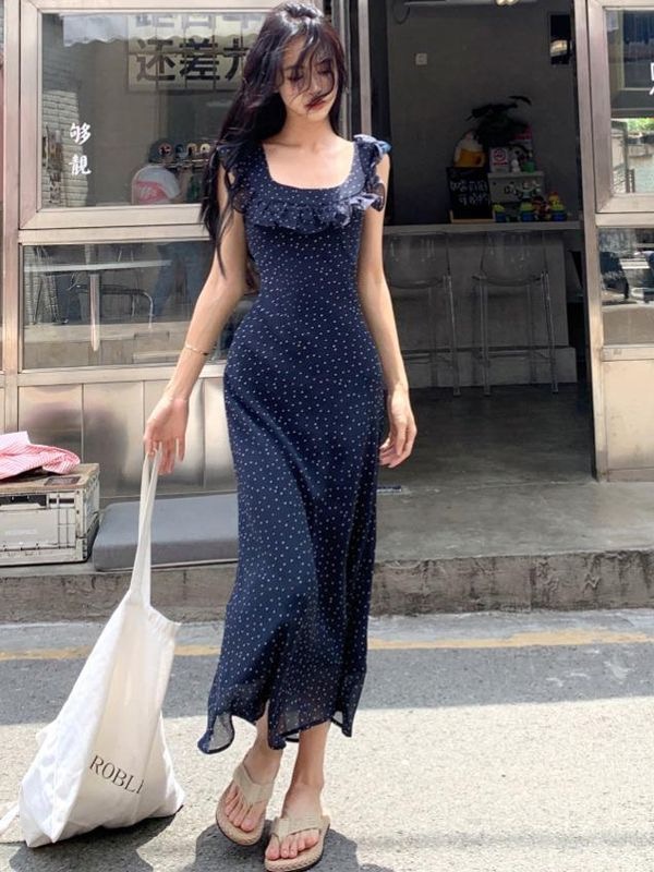 French ruffled polka dot suspender dress women's summer vacation hip skirt temperament slimming waist long skirt