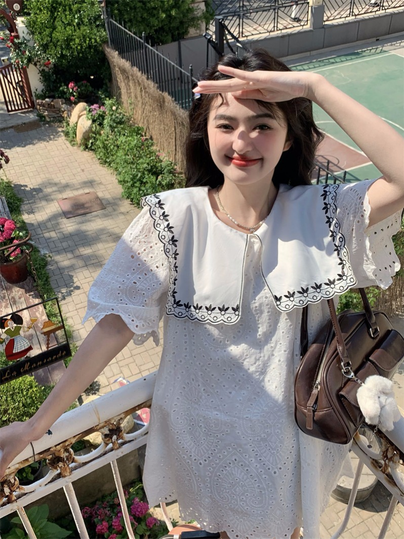 실사 빅 사이즈 한 부서 달콤함 연령 감소 무거운 작업 레이스 홀로우 아웃 인형 빅 칼라 루즈핏 드레스