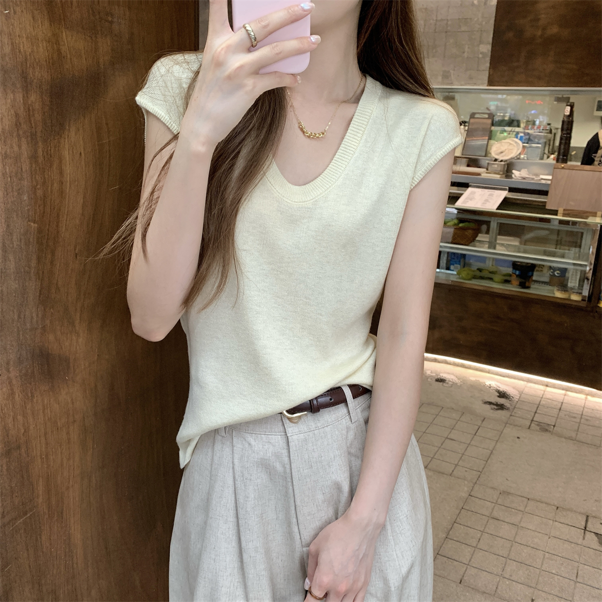 Real shot summer Korean style temperament U-neck versatile 6 wool pure color knitted sweater shoulder drop short-sleeved top women 