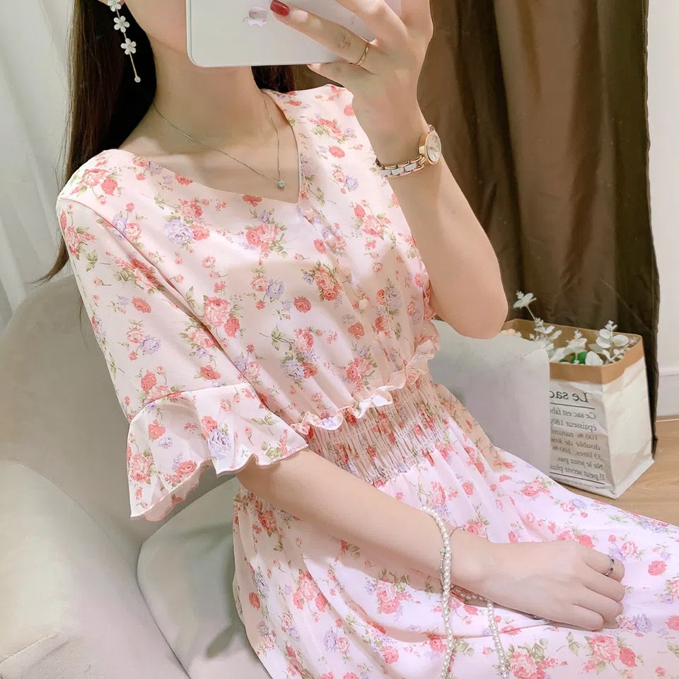 Summer 2024 new dress fat girl female student Korean version chiffon floral long large size internet celebrity dress