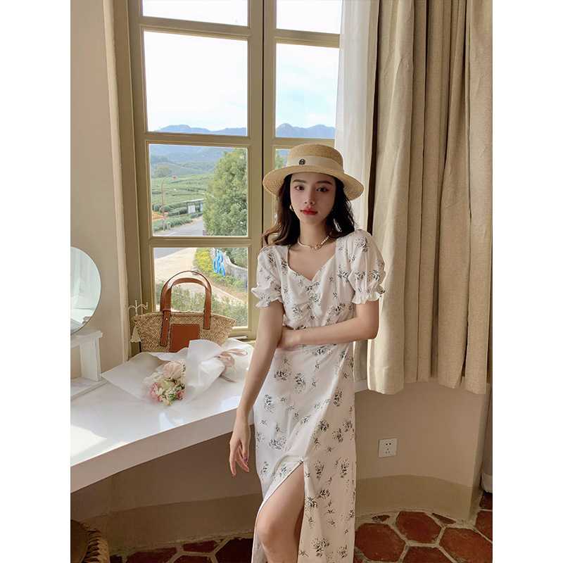 Foreign Trade French Cheongsam Square Neck Skirt Slit Short Sleeve New Bubble Sweet Casual Hot Girl Hot Girl 2024 Sexy