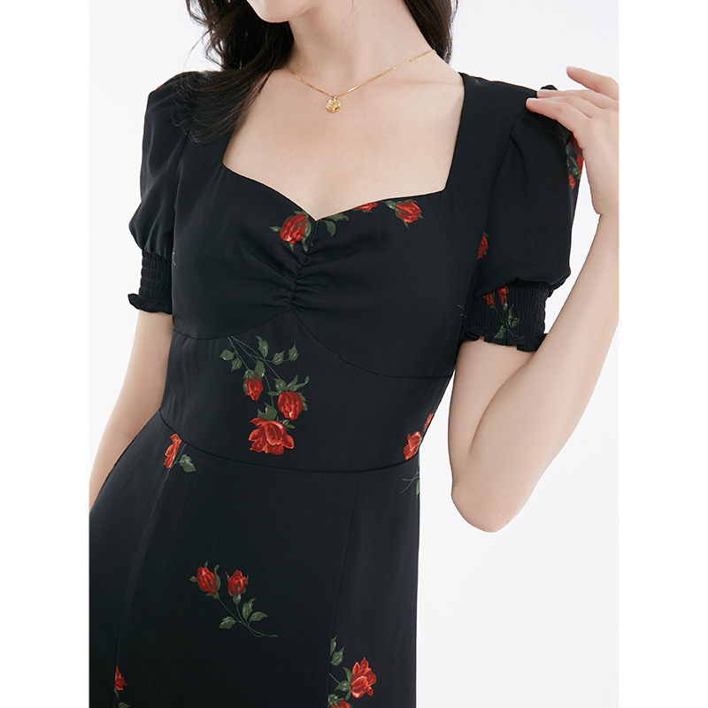 Foreign Trade French Cheongsam Square Neck Skirt Slit Short Sleeve New Bubble Black Casual Hot Girl Hot Girl 2024 Sexy