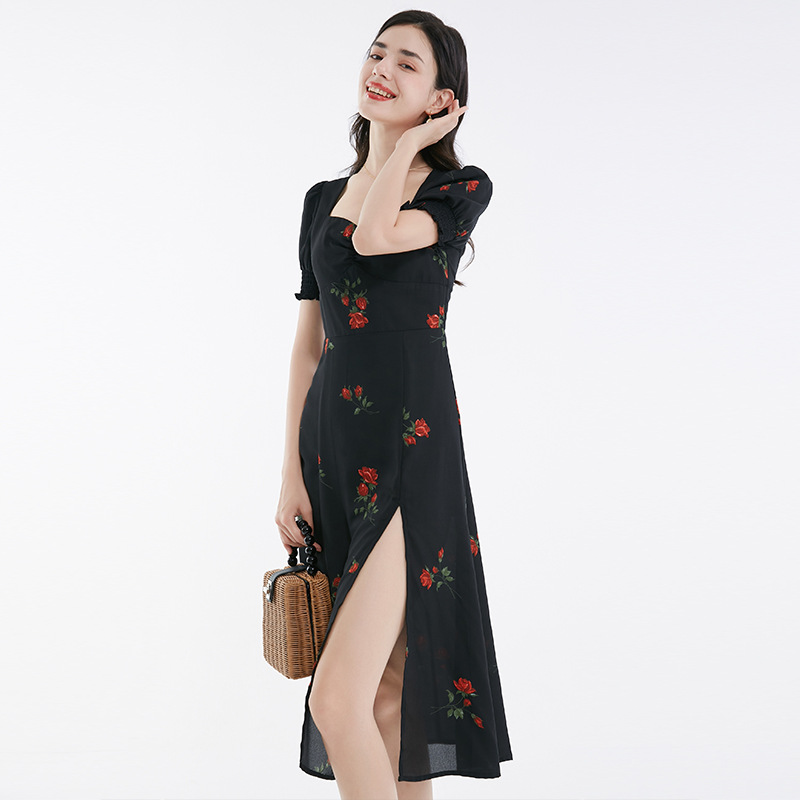 Foreign Trade French Cheongsam Square Neck Skirt Slit Short Sleeve New Bubble Black Casual Hot Girl Hot Girl 2024 Sexy