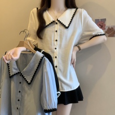 批发实拍～大码短袖衬衫女夏季宽松遮肚娃娃领上衣胖mm法式撞色衬衣