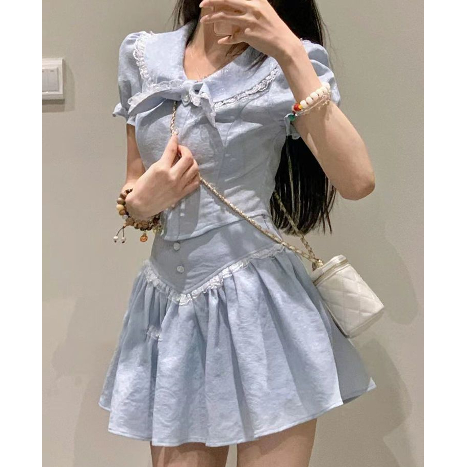 Xiaoxiangfeng two-piece French tea break lace double-collar short shirt + ruffled A-line skirt suit for women