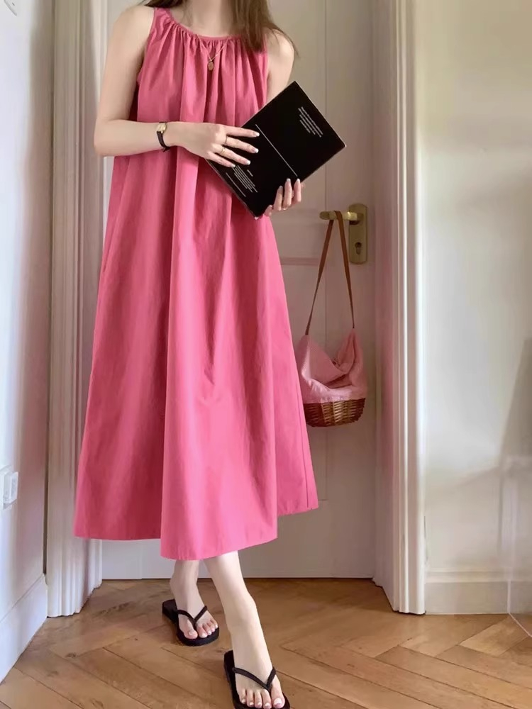 한국판Tea break French style unique and beautiful loose sleeveless dress for women high-end raspberry color vest suspender skirt