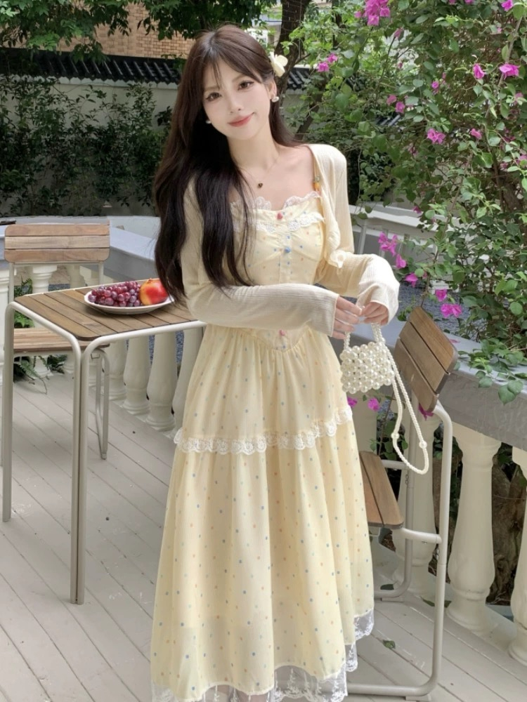 Candy Sweetheart French Gentle Style Long Dress for Women Summer Waist Slimming Lace Splicing Sweet Suspender Dress for Women