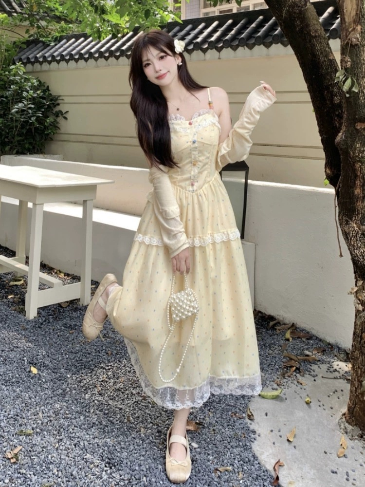 Candy Sweetheart French Gentle Style Long Dress for Women Summer Waist Slimming Lace Splicing Sweet Suspender Dress for Women