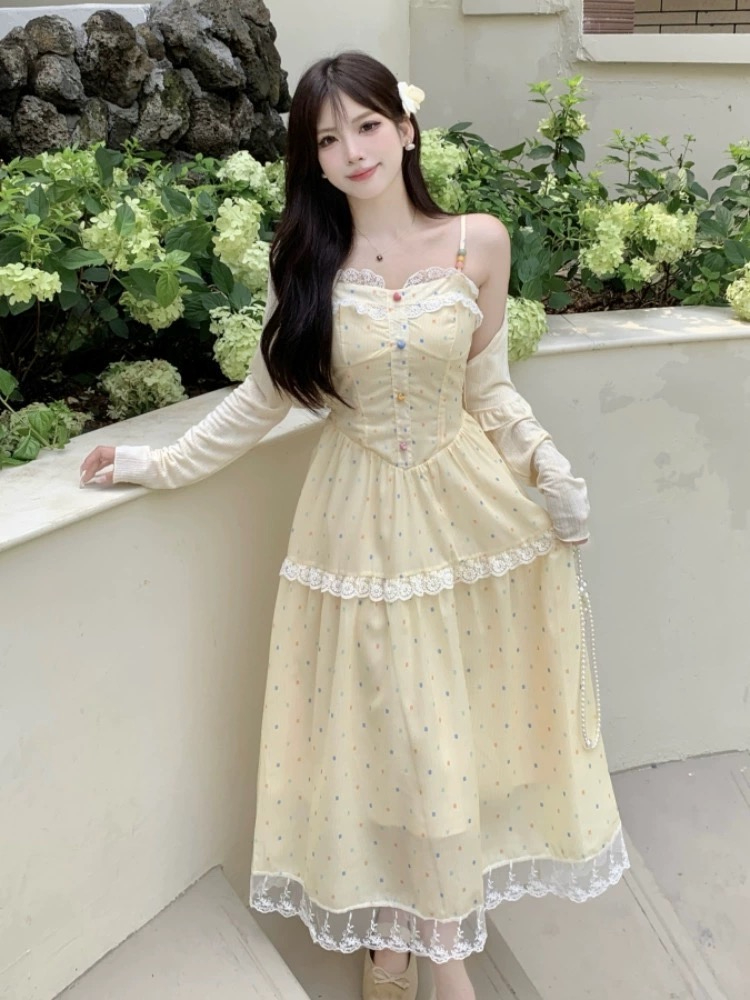 Candy Sweetheart French Gentle Style Long Dress for Women Summer Waist Slimming Lace Splicing Sweet Suspender Dress for Women