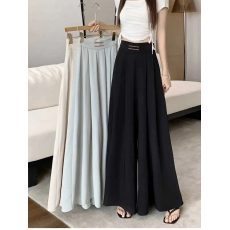 批发2025秋季冰丝<b class='q'>雪纺</b>盘扣高腰百褶垂感阔腿垂坠感收腰遮肚长款裙裤潮