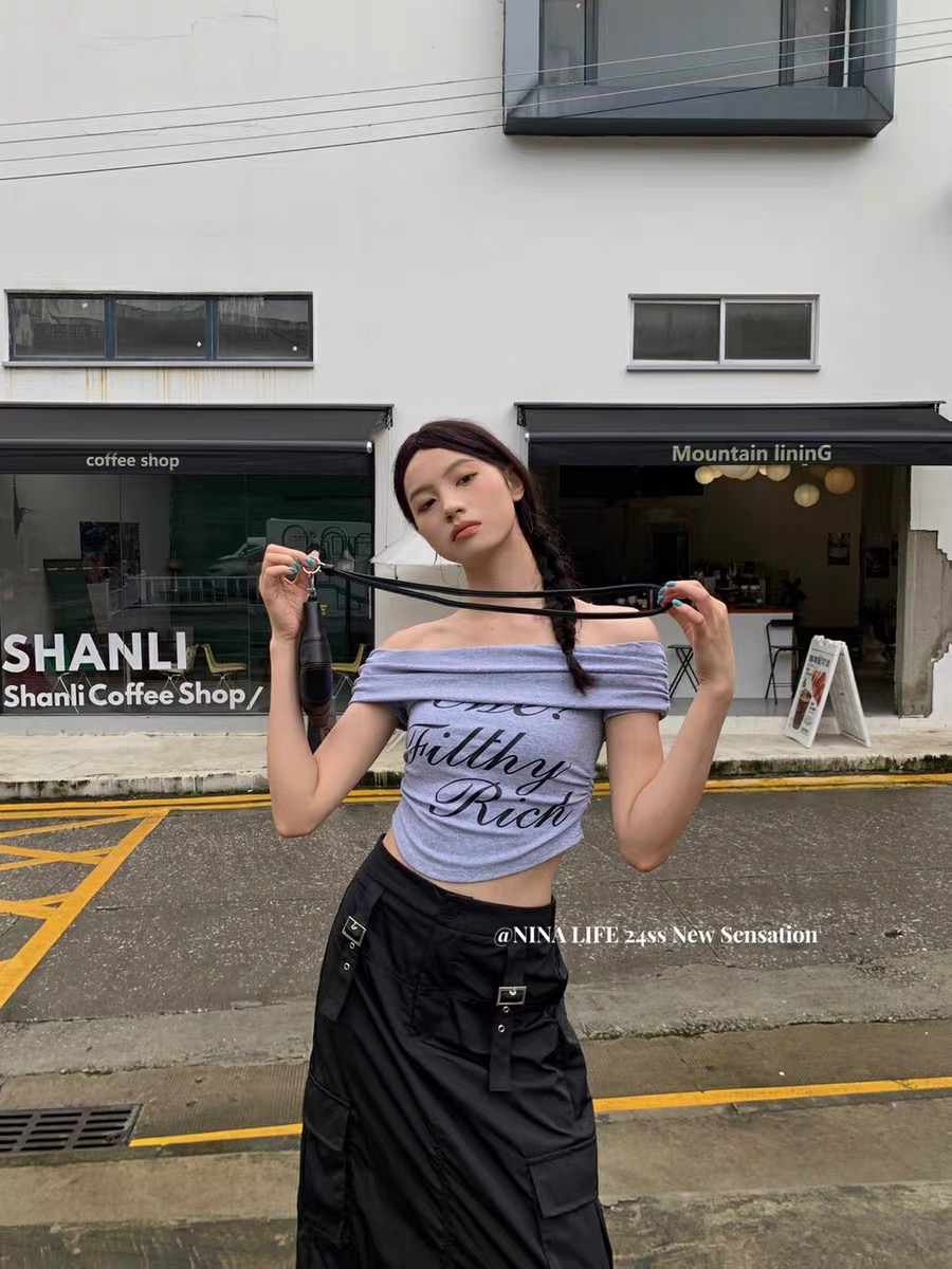 NINALIFE Korean style 2024 summer new letter printed word collar pleated slim hot girl vest T-shirt for women