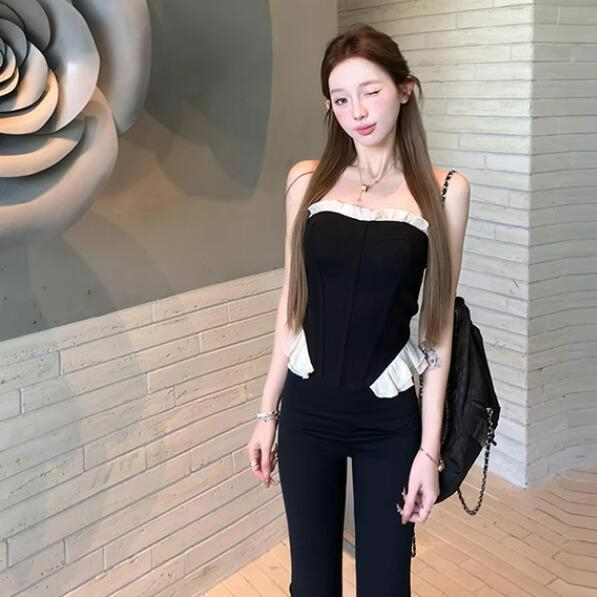 One-shoulder top for women, spring, autumn and summer design, slim outer wear, hot girl fishbone tube top camisole