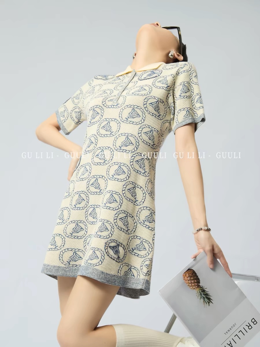 Guuli/knitted embroidered POLO collar dress jacquard stitching niche design women's summer new style