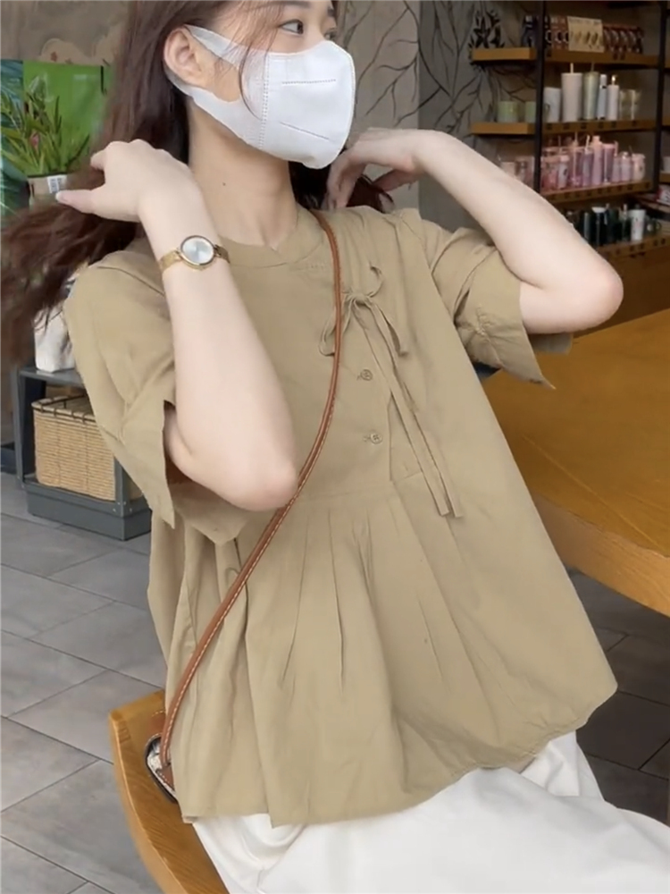 New Chinese style tops for women in summer, new design, niche, fashionable, puff sleeves, chic round neck shirts