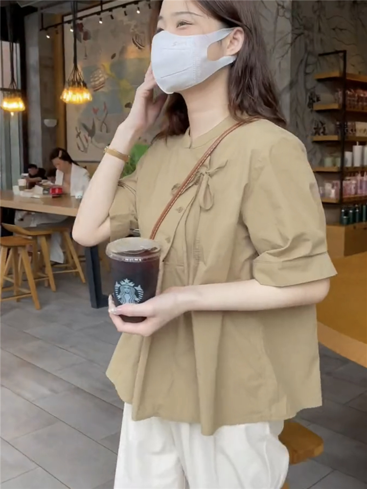 New Chinese style tops for women in summer, new design, niche, fashionable, puff sleeves, chic round neck shirts