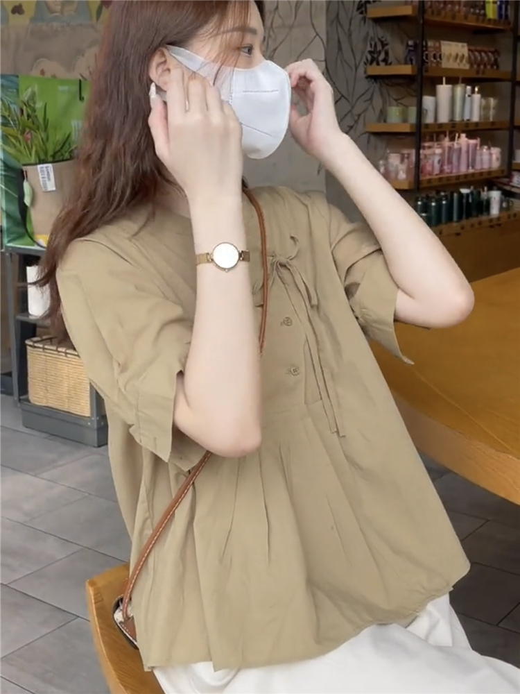 New Chinese style tops for women in summer, new design, niche, fashionable, puff sleeves, chic round neck shirts