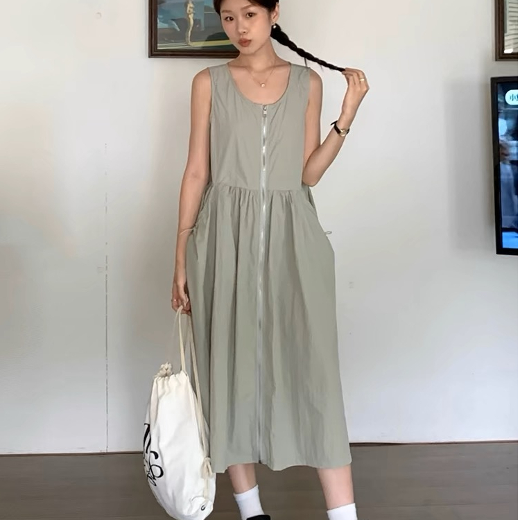 Korean chic summer retro niche drawstring waist slimming big pocket zipper work vest dress for women