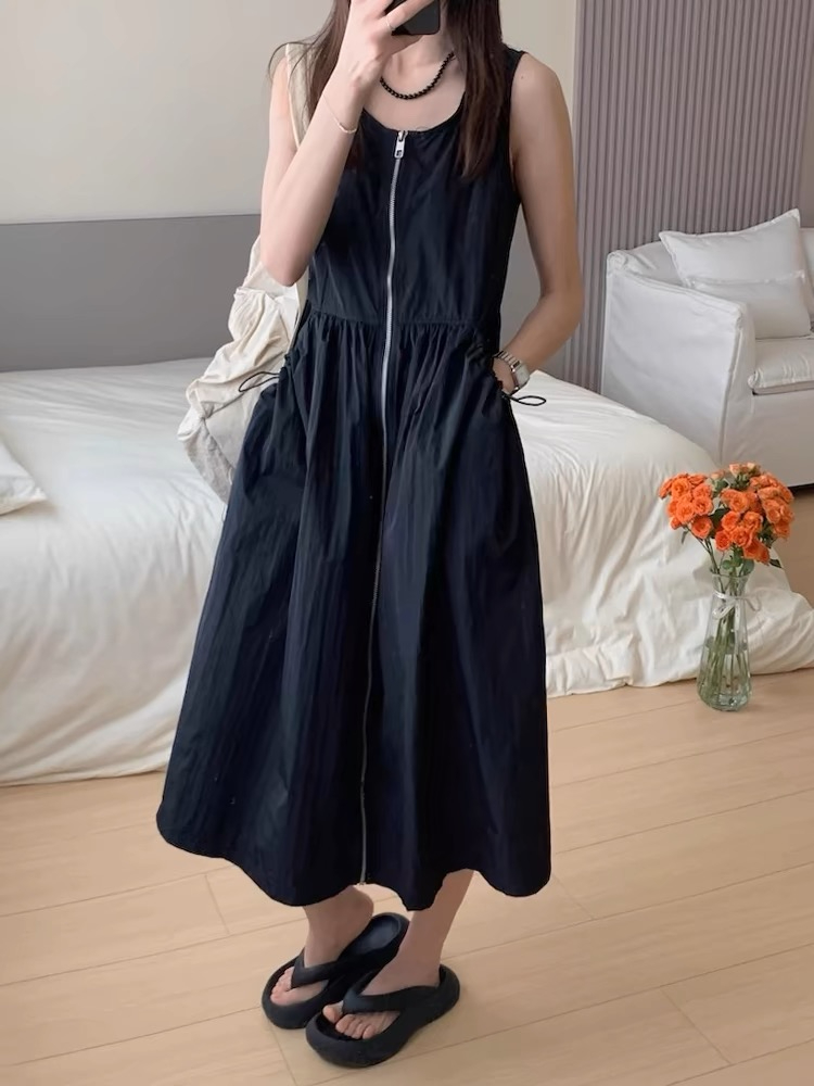 Korean chic summer retro niche drawstring waist slimming big pocket zipper work vest dress for women