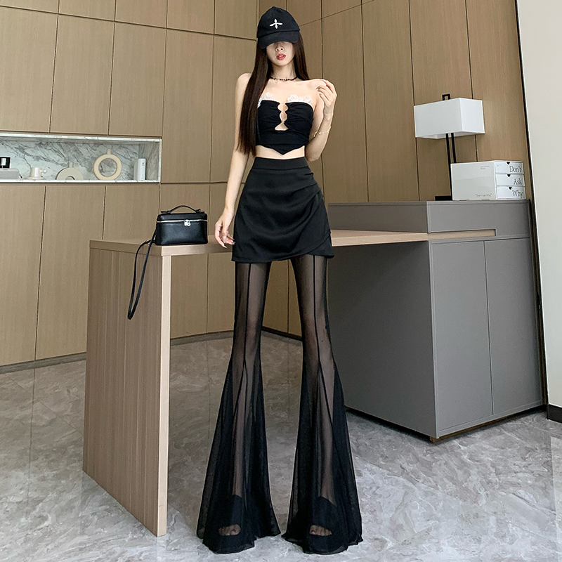 MY6327# 高级感御姐喇叭裤辣妹黑色高腰休闲时尚网纱拼接缎面a字裙裤女裝貨源服裝批發